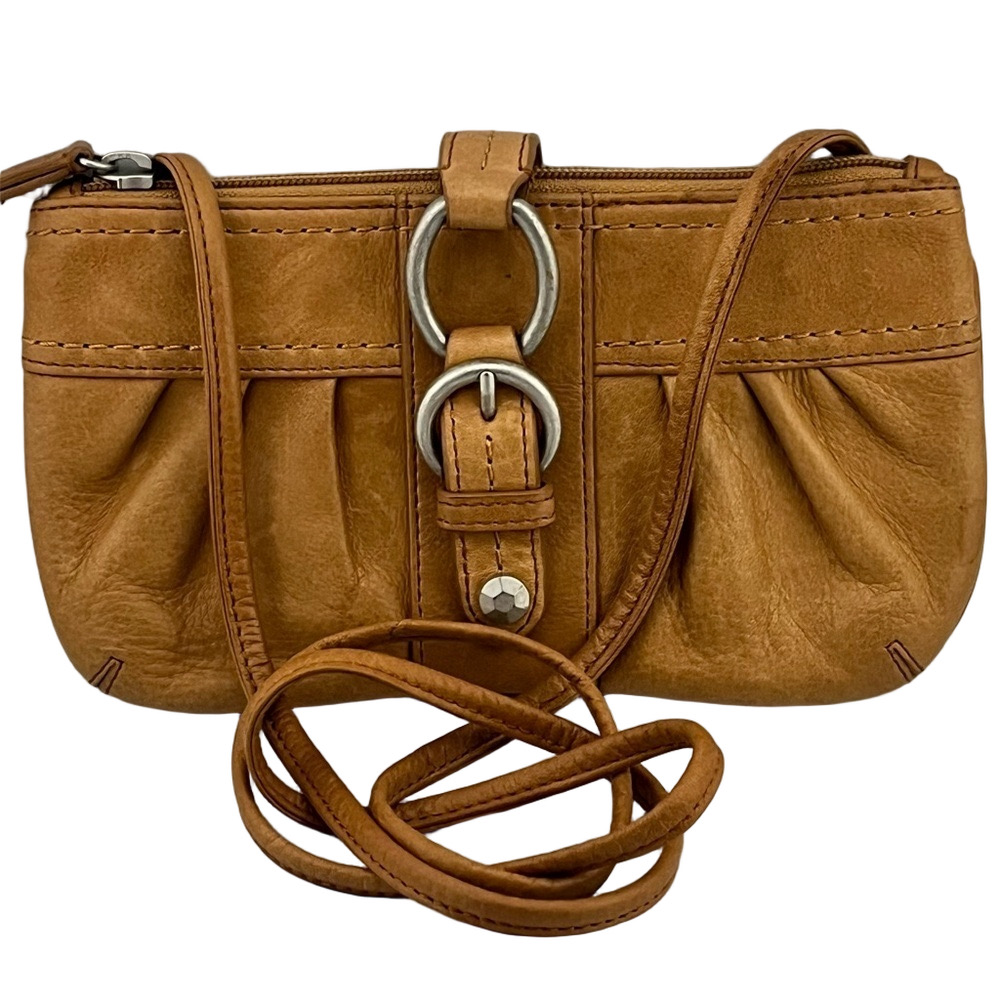Sigrid Olsen Small Leather Boho Tan Crossbody Purse Silver Hardware Strap 44"